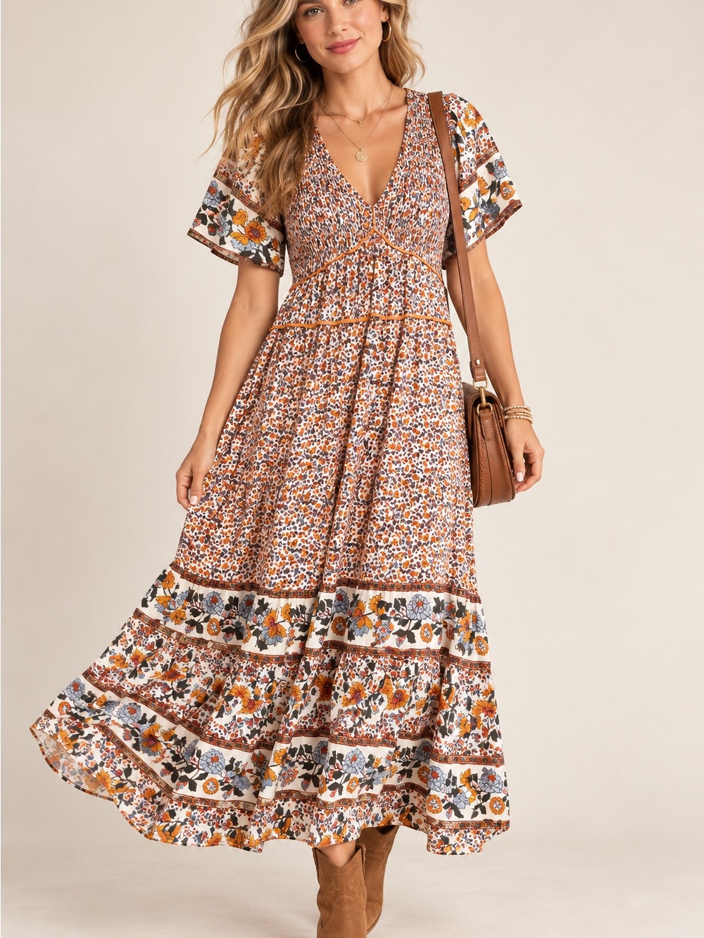 NWT umgee Floral Tiered V-Neck Maxi Dress in Rust and White $58